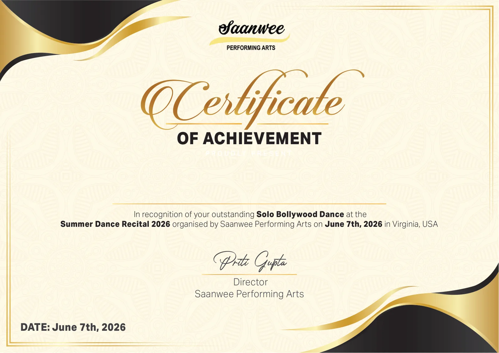 Summer Dance Recital Certificate