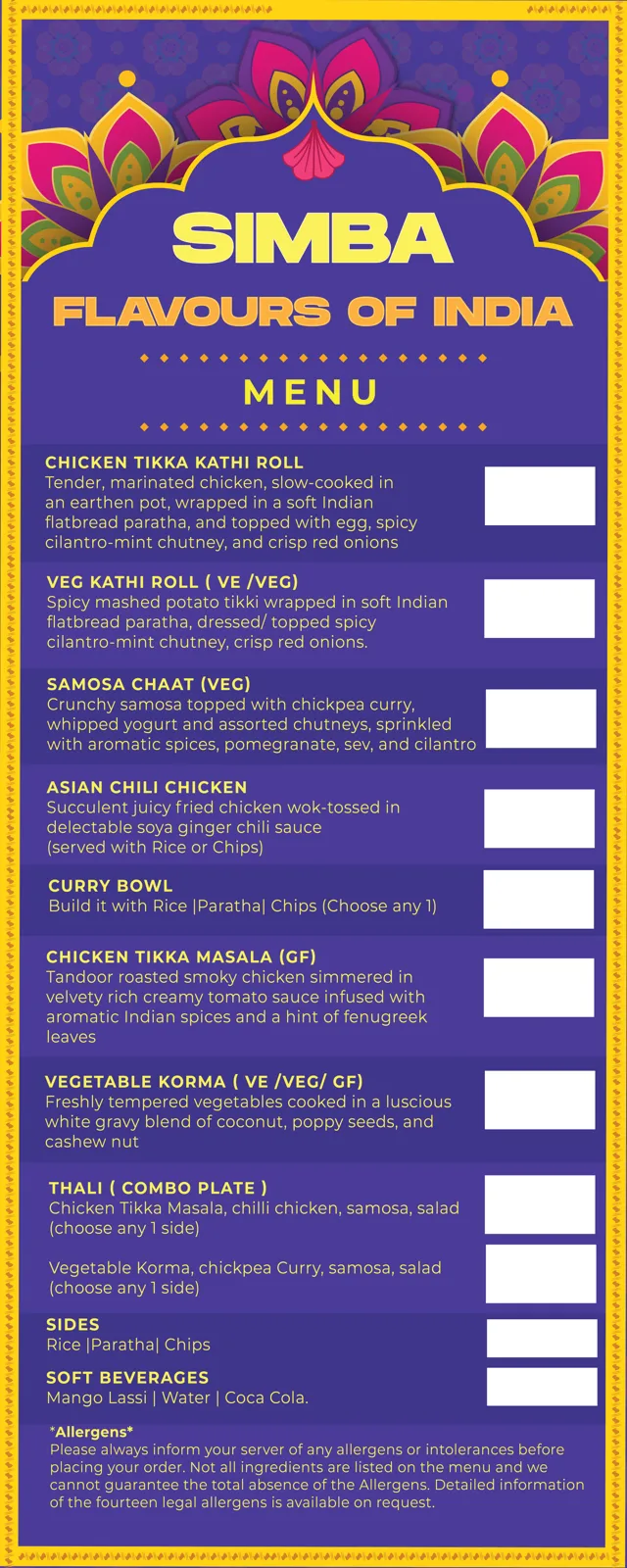 Simba Menu
